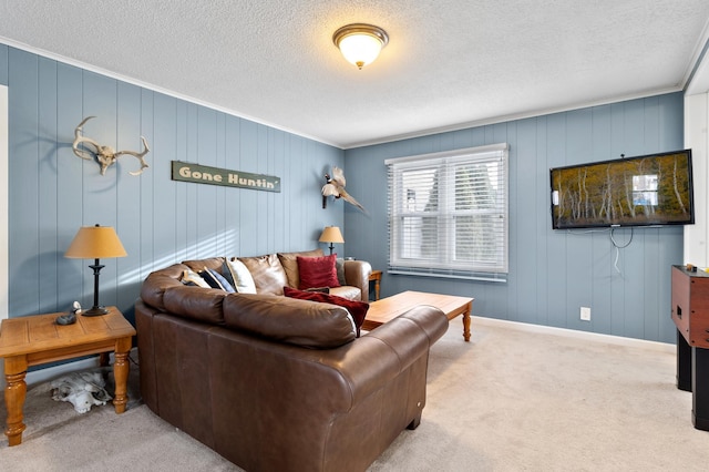 living room with carpet flooring, a textured ceiling, baseboards, and ornamental molding