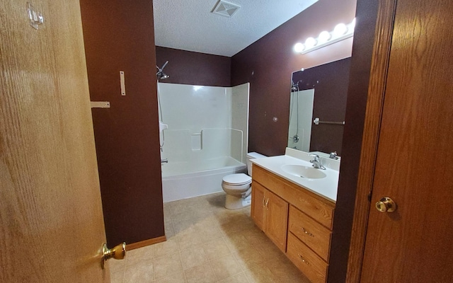 full bathroom with toilet, a textured ceiling, bathtub / shower combination, and vanity