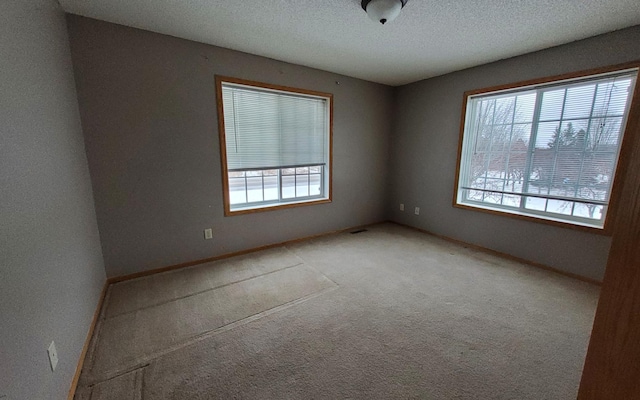 unfurnished room featuring a textured ceiling and light carpet