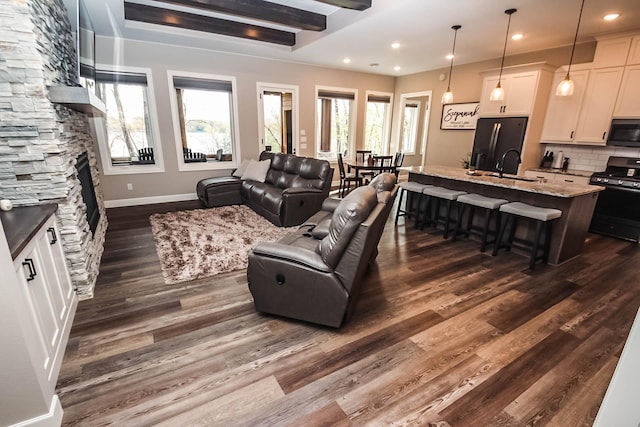 living room featuring a fireplace, dark hardwood / wood-style flooring, and sink