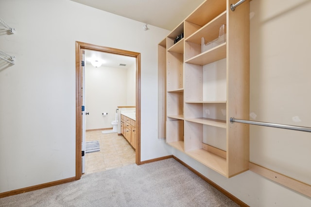 spacious closet featuring light carpet