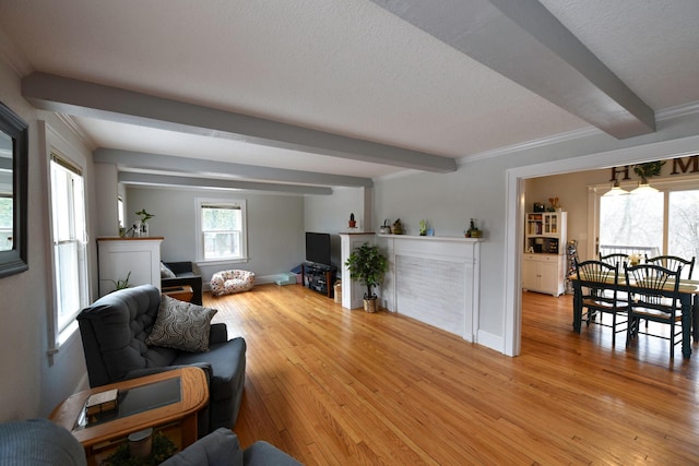 living room with light hardwood / wood-style flooring, beam ceiling, and a textured ceiling