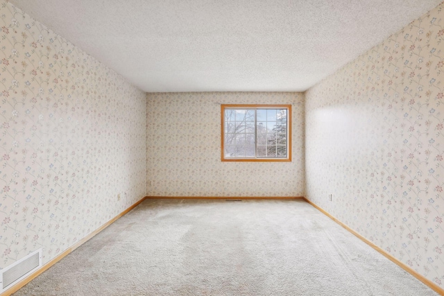 carpeted empty room featuring a textured ceiling