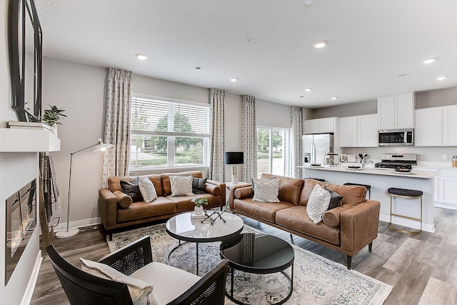 living room featuring sink, light wood-type flooring, and a textured ceiling