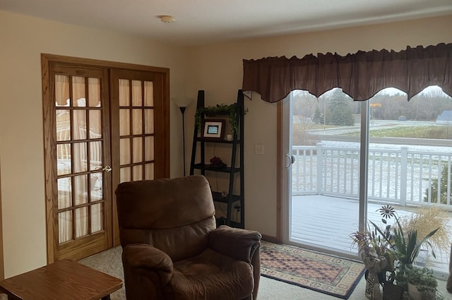 living area featuring french doors, carpet floors, and a healthy amount of sunlight