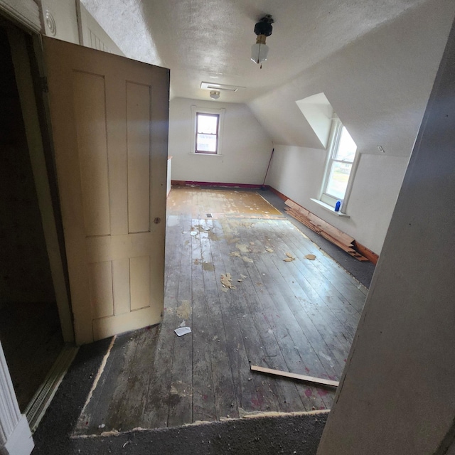 additional living space featuring a textured ceiling, hardwood / wood-style flooring, and vaulted ceiling