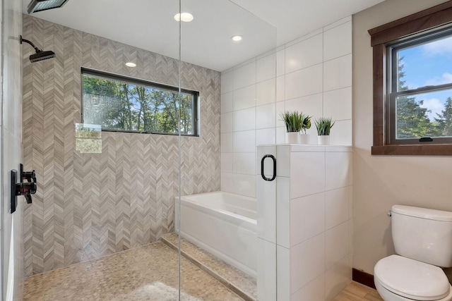 bathroom featuring toilet, tile walls, and separate shower and tub