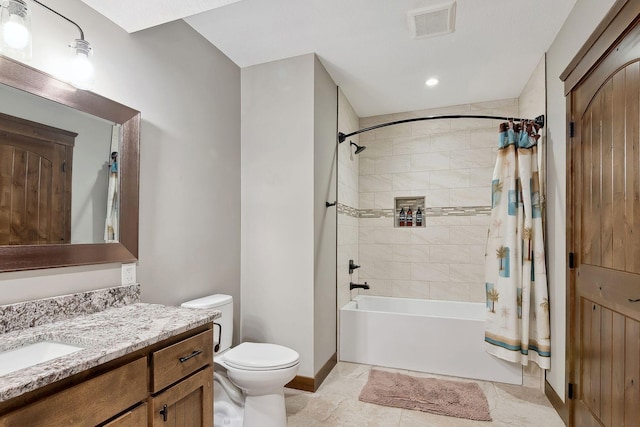 full bathroom with toilet, vanity, and shower / tub combo with curtain