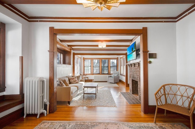 living room featuring ceiling fan, light wood-type flooring, radiator heating unit, and a fireplace