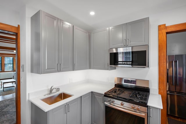 kitchen with appliances with stainless steel finishes, gray cabinets, and sink