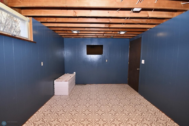 basement featuring wooden walls