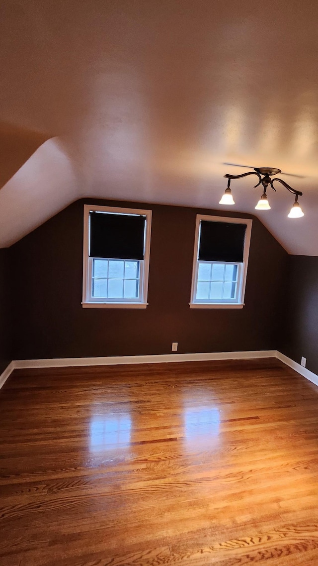 additional living space featuring vaulted ceiling and light hardwood / wood-style flooring