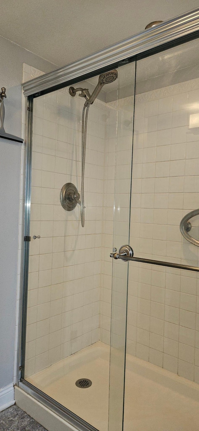 bathroom featuring a shower with shower door