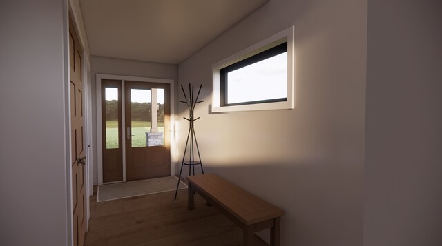 doorway with hardwood / wood-style flooring