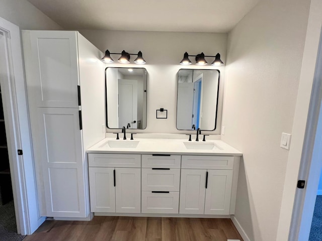 full bathroom featuring wood finished floors, double vanity, a sink, and baseboards