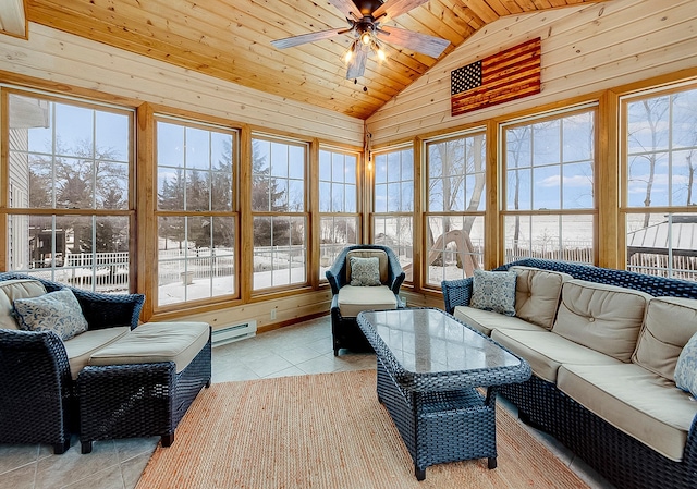 sunroom / solarium with vaulted ceiling, a baseboard heating unit, wooden ceiling, and ceiling fan