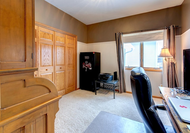 office area featuring light colored carpet