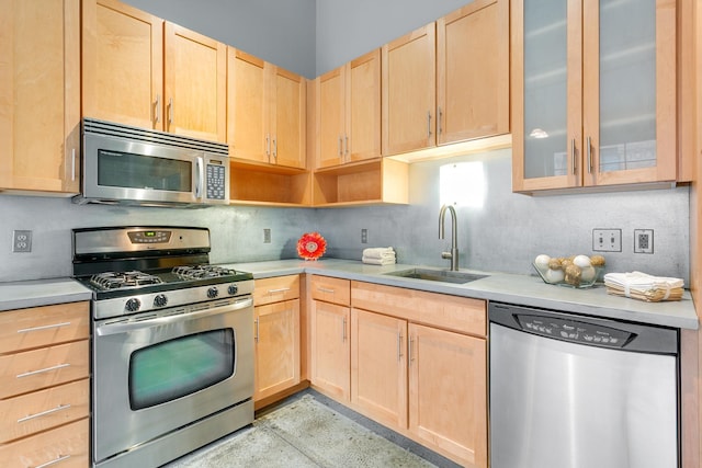 kitchen with light brown cabinets, sink, and appliances with stainless steel finishes