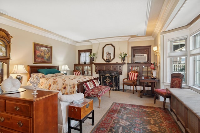 bedroom with carpet floors, crown molding, a wall mounted AC, and a premium fireplace