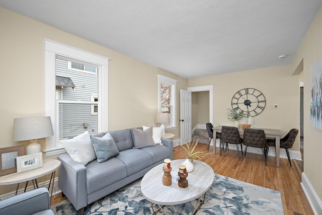 living room featuring hardwood / wood-style flooring and a textured ceiling