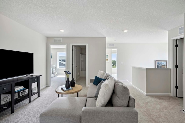 carpeted living room featuring a textured ceiling and a wealth of natural light