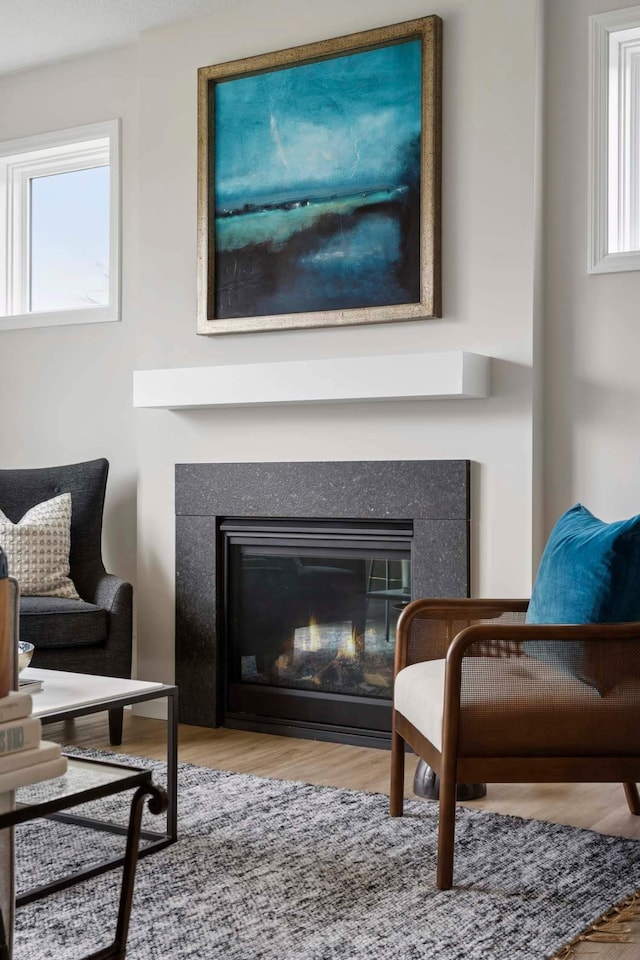 living area featuring a glass covered fireplace and wood finished floors