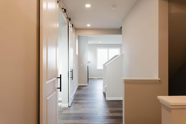 hallway with a barn door and dark hardwood / wood-style flooring