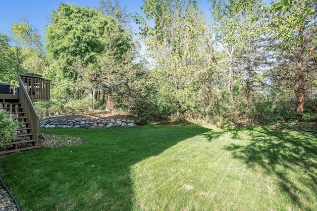 2567 Bridle Creek Trl, Chanhassen, MN 55317 - view of green lawn featuring stairway and a wooden deck