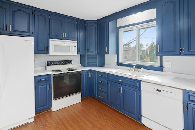 kitchen with blue cabinetry, dark hardwood / wood-style flooring, sink, and white appliances