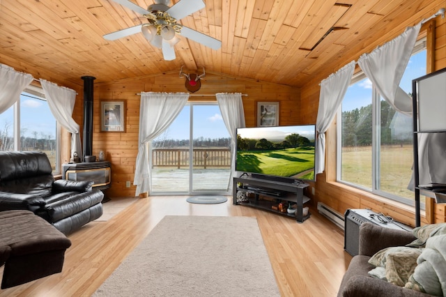 living room featuring a wood stove, wood walls, and plenty of natural light