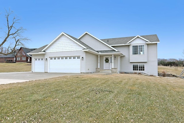 view of front facade featuring a garage, concrete driveway, roof with shingles, and a front lawn