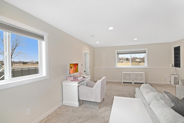 bedroom featuring light carpet, baseboards, and recessed lighting