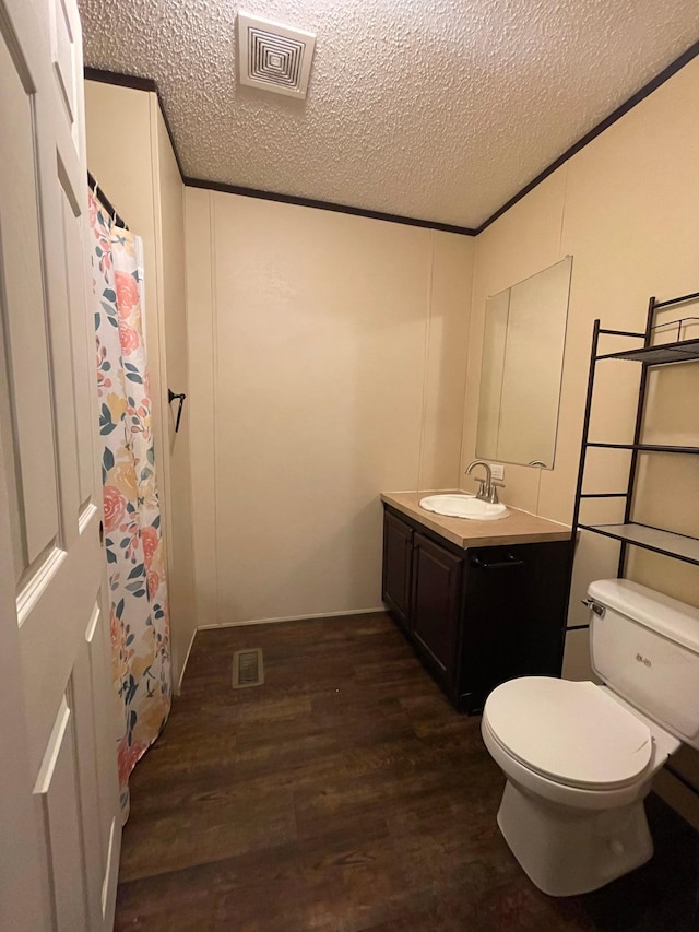 bathroom featuring vanity, toilet, wood-type flooring, and a textured ceiling