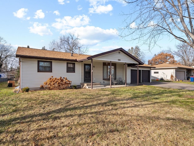 single story home with a porch, a garage, central air condition unit, and a front lawn