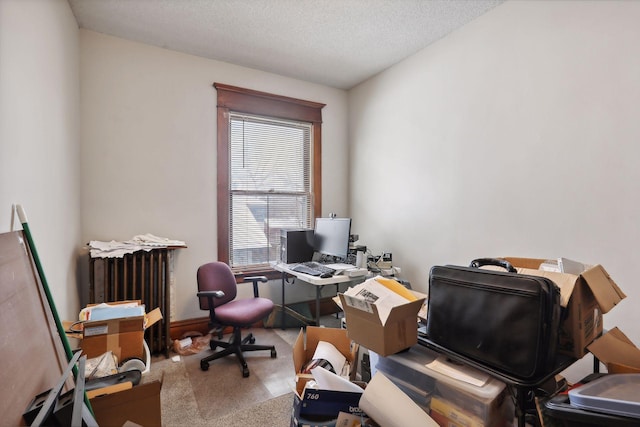 home office featuring carpet flooring and a textured ceiling