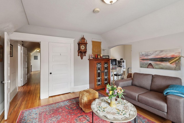 living room featuring wood-type flooring, a textured ceiling, and vaulted ceiling