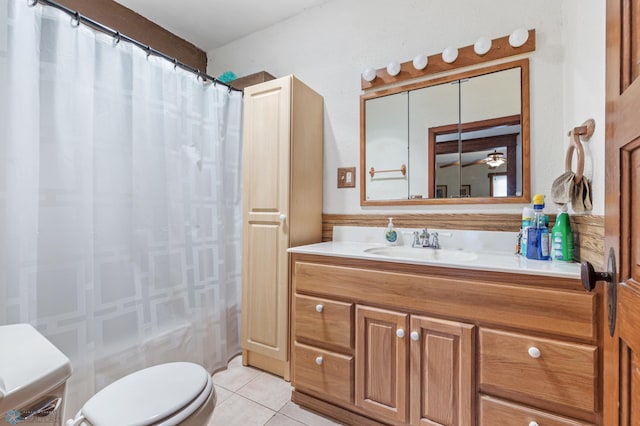 bathroom featuring vanity, ceiling fan, tile walls, tile patterned flooring, and toilet