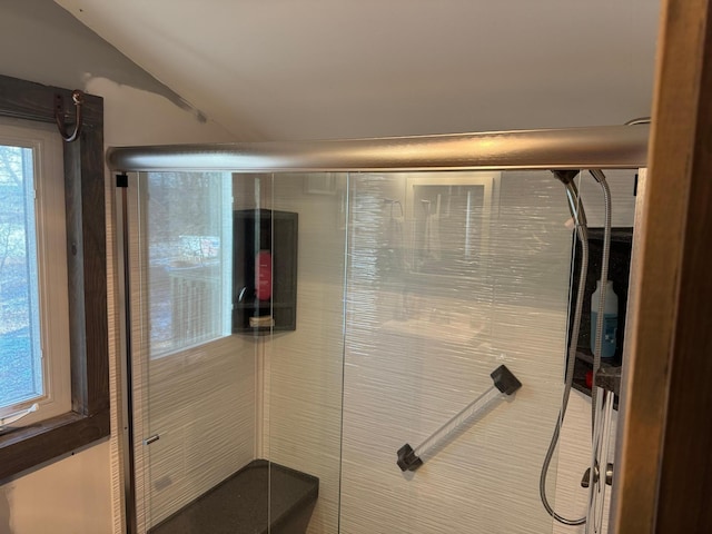 bathroom with a shower with shower door