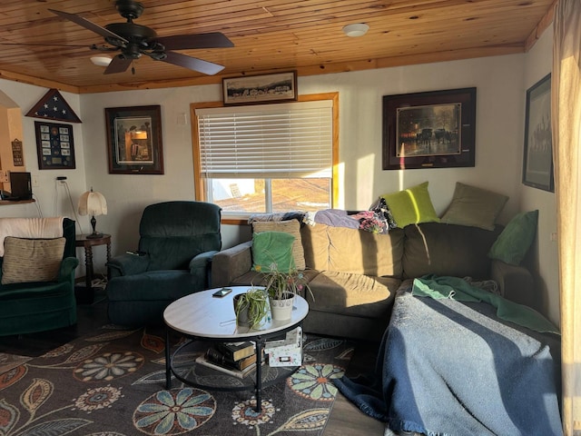 living room with wood-type flooring, ceiling fan, and wooden ceiling