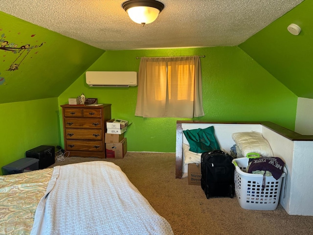 bedroom with a wall mounted air conditioner, carpet, a textured ceiling, and vaulted ceiling