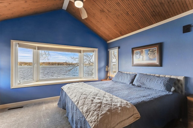 carpeted bedroom with baseboards, wooden ceiling, ceiling fan, and lofted ceiling