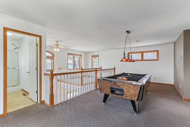 rec room featuring baseboards, billiards, carpet, and a healthy amount of sunlight