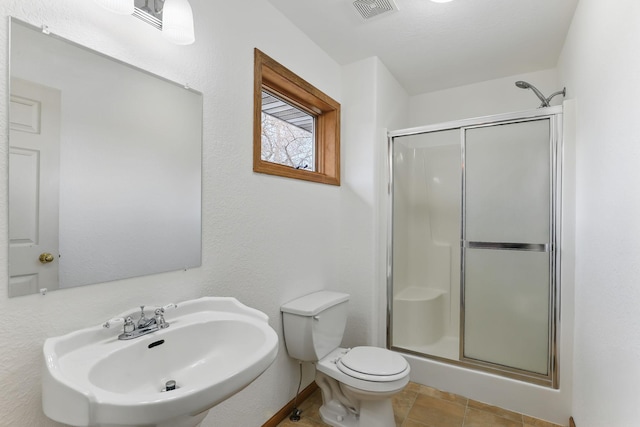bathroom featuring a sink, a stall shower, toilet, and visible vents
