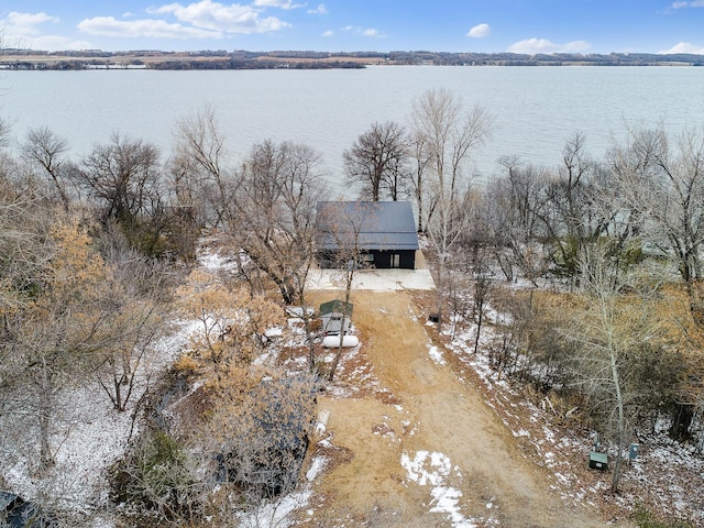 drone / aerial view featuring a water view