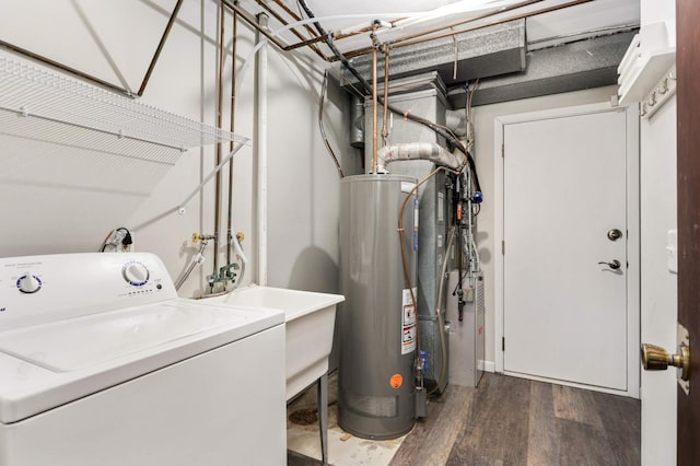 laundry room featuring washer / dryer, water heater, and dark hardwood / wood-style floors