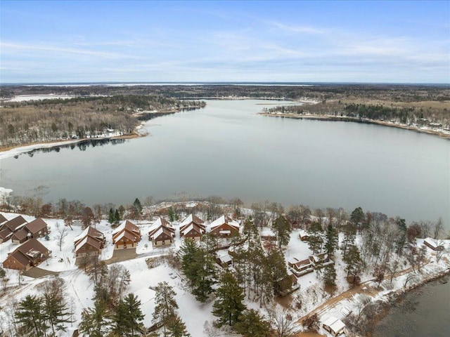 snowy aerial view featuring a water view