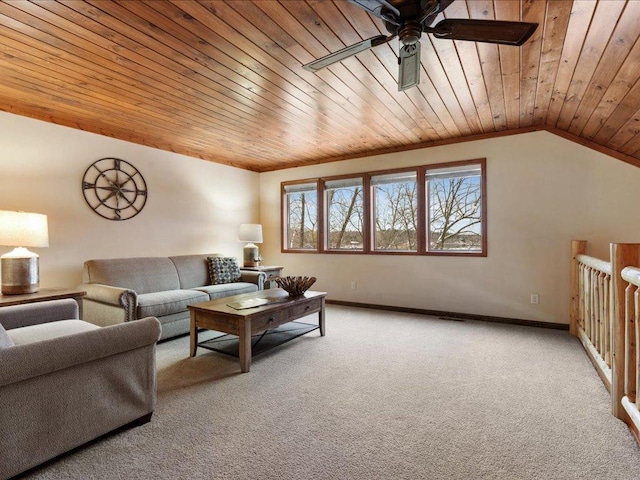 living room featuring ceiling fan, light colored carpet, wood ceiling, and lofted ceiling