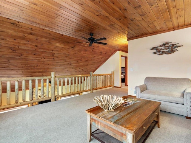 carpeted living room featuring wood walls, ceiling fan, lofted ceiling, and wood ceiling