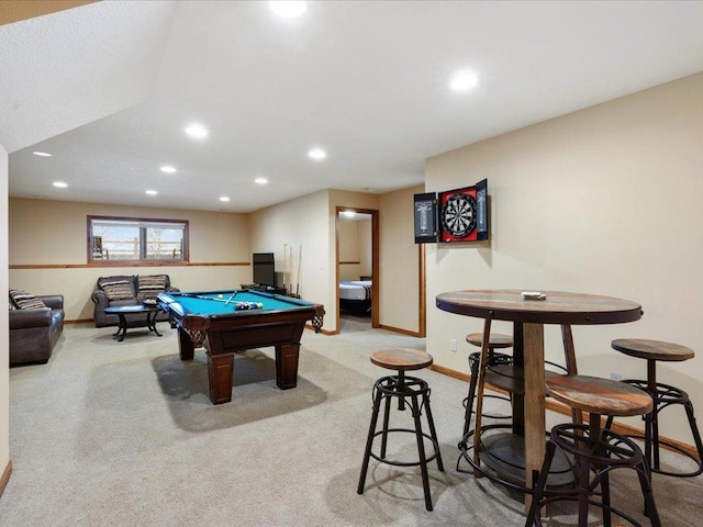 rec room with light carpet and pool table