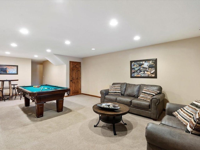 rec room with light colored carpet and billiards